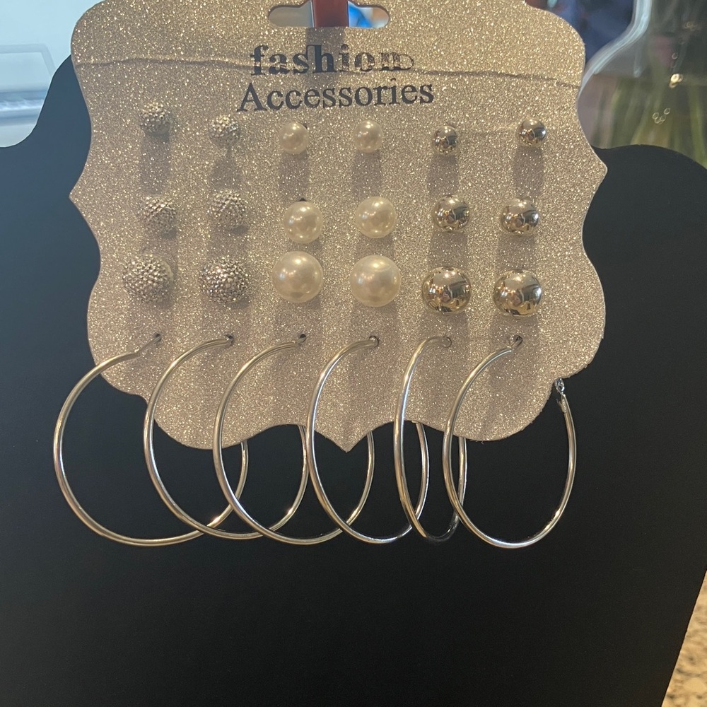 Silver Earring Set with Hoops and Studs 12 Pair